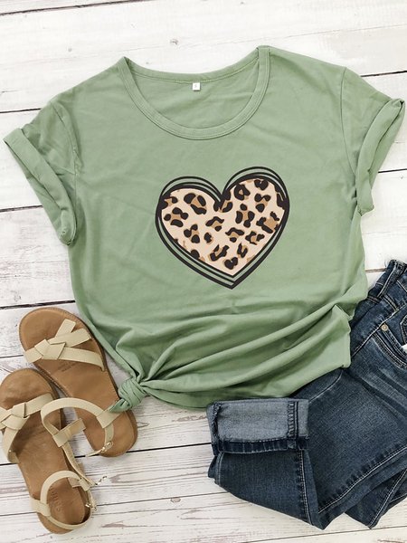 

Heart Leopard Graphic Prints Women Tshirt, Army green, T-shirts