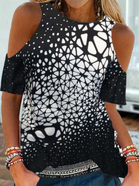

Maniche Corte Stampato Girocollo Misto Cotone Top, Nero, Blouses & Shirts