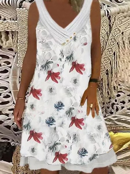 

Ruched A-Line Sleeveless Casual Dresses, White, Floral Dresses