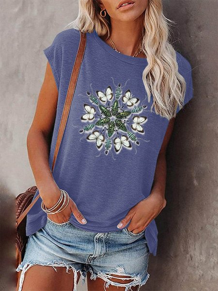 

Short Sleeve Cotton-Blend Crew Neck T-shirt, Blue, T-Shirts