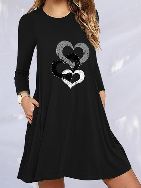 

Casuale Maniche Lunghe Girocollo Stampato Abito, Nero, Summer dresses
