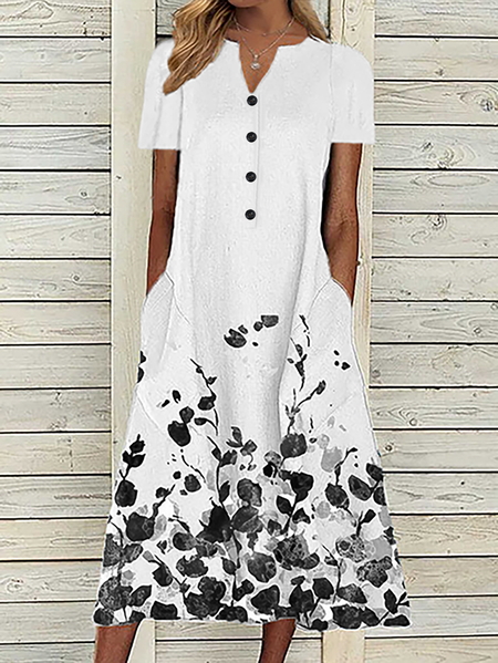 Maniche Corte Floreale Gonna Casuale, Grigio, Midi Dresses