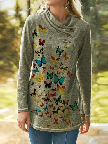 

Fashion long-sleeved butterfly print Top, As picture, Tunics
