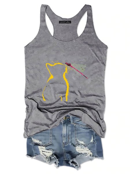 

Dragonfly And Cat Graphic Sleeveless Casual Tank Top, Gray, Tank Tops