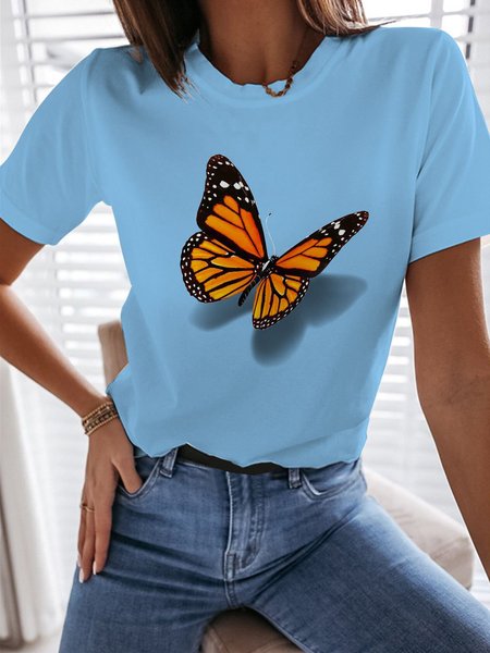 

3D Butterfly Graphic Short Sleeve Casual Tee, Light blue, T-shirts