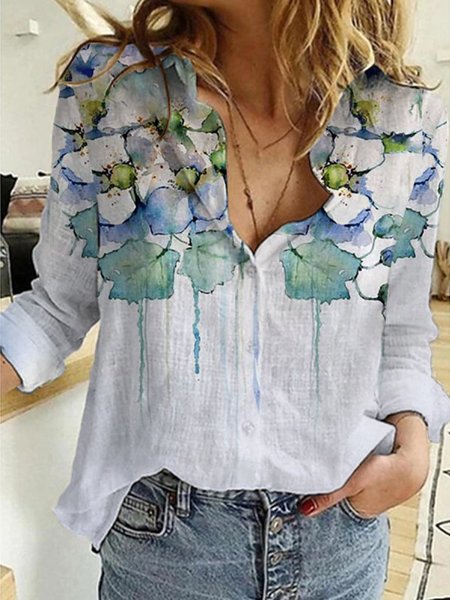

Shirt Collar Casual Abstract Shirts & Tops, White, Long sleeve tops