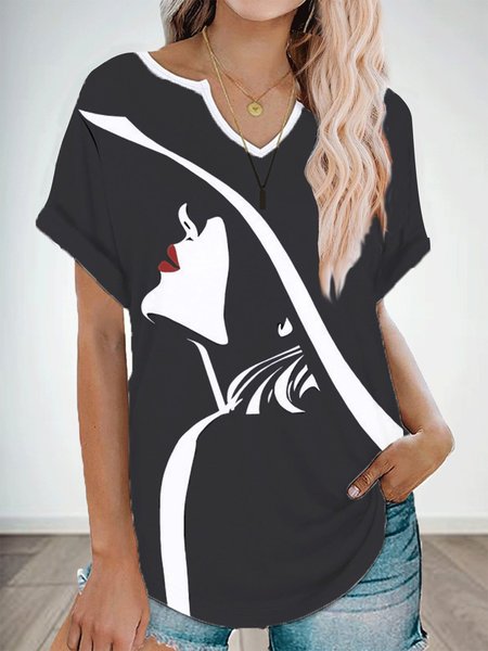 

Printed V Neck Short Sleeve Abstract Shirts & Tops, Black, T-Shirts