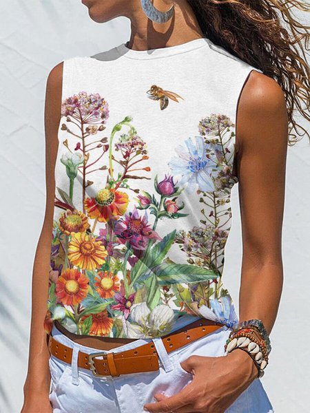 

Floral-Print Cotton-Blend Sleeveless Animal Shirts & Tops, White, Tanks & Camis