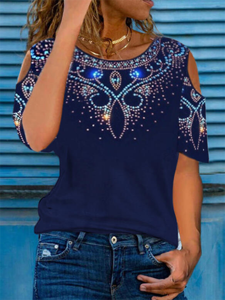 

Girocollo Stampato Casuale Maniche Corte Top, Blu scuro, Blouses & Shirts