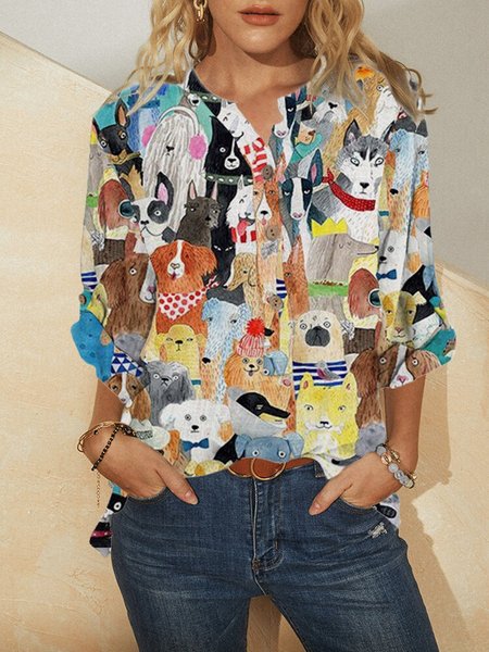 

Casual Shift Animal Cat Print Long Sleeve Blouse, As picture, Shirts & Blouses