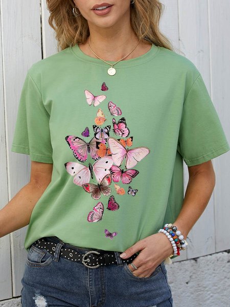 

Butterfly Graphic Short Sleeve Casual Tee, Olive green, T-shirts
