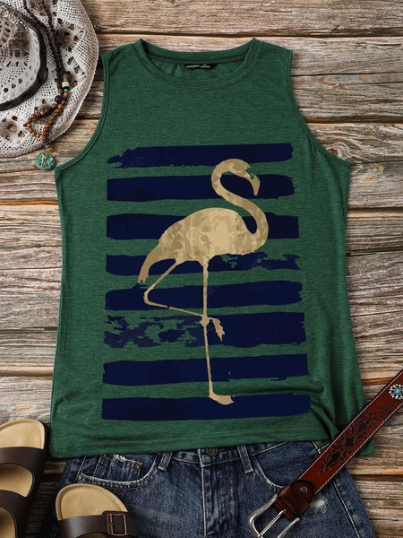 

Flamingo And Stripes Casual Sleeveless Crew Neck Vests, Dark green, Tank Tops