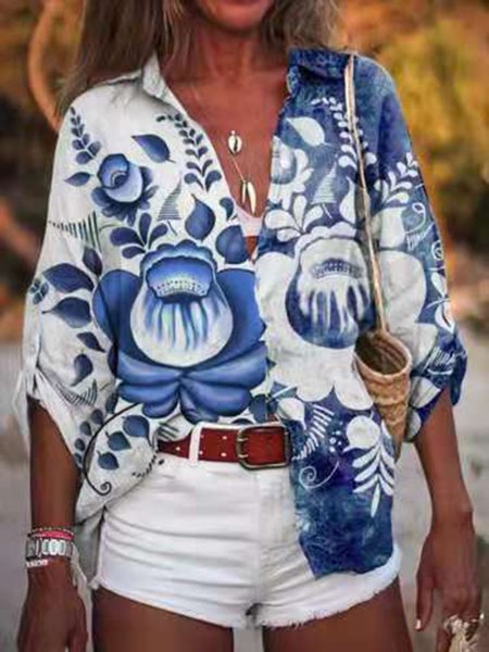 

Shirt Collar Woven Floral 3/4 Sleeve Shirts & Tops, Blue, Shirts & Blouses