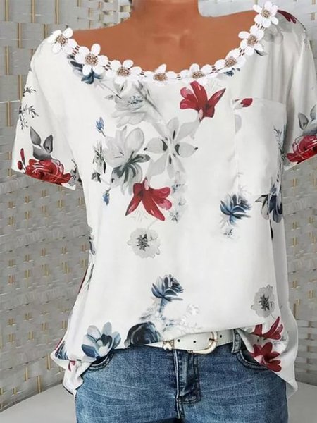 

Casual Printed Short Sleeve Tops, White, Tops