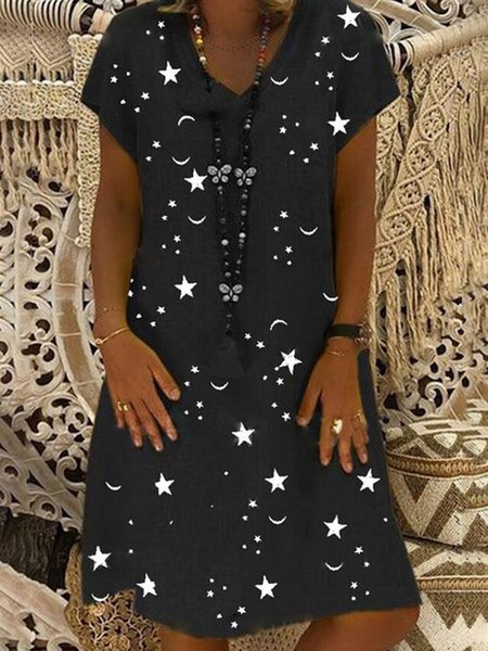 

Vintage Star Moon Printed Casual V Neck Short Sleeve Dresses, Black-white, Casual Dresses