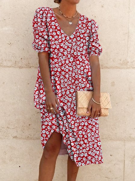 

Abito Floreale Bohemian Maniche Corte, Rosso, Midi Dresses