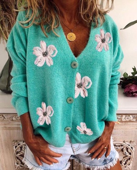 

Boho Long Sleeve Floral Sweater, Green, Knitwear & Sweaters