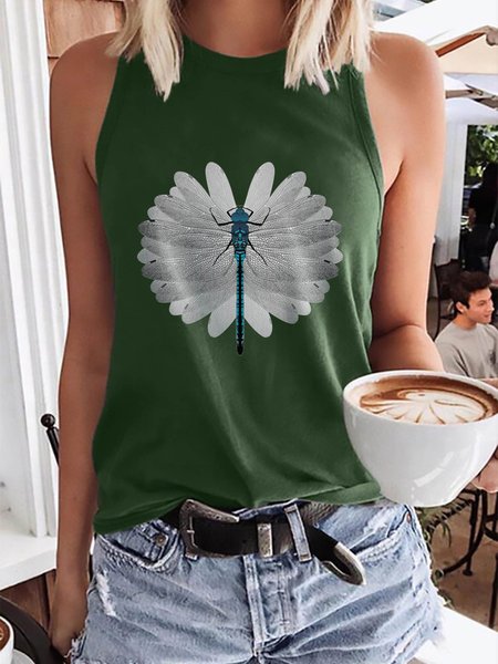 Dragonfly Graphic Sleeveless Casual Tank Top, Dark green, Tank Tops
