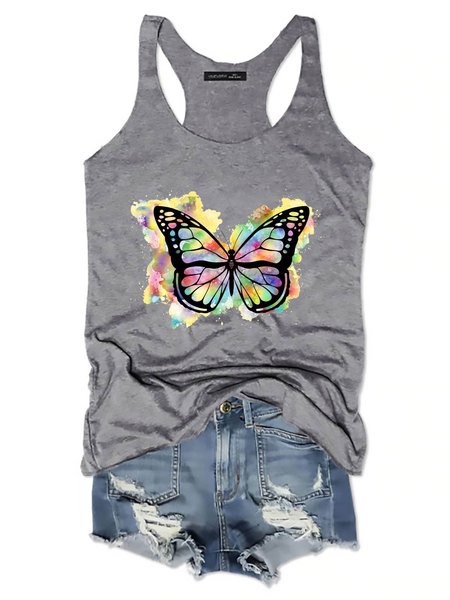 

Watercolor Butterfly Graphic Sleeveless Casual Vest, Gray, Tank Tops