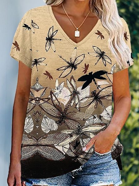 

Casuale Scollo a V Maniche Corte Stampato Top, Cachi, T-Shirts