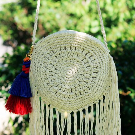 

Fine cotton cord crochet tassel single shoulder bag, White-1, Crossbody Bags