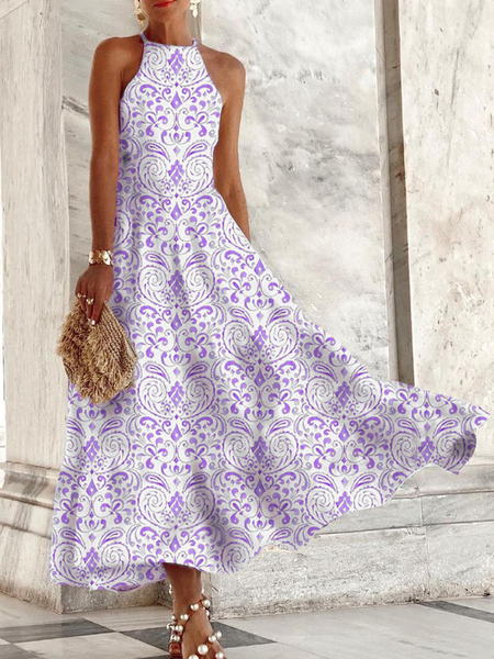 A-line Ricorrere Misto Cotone Tribale Abito, Viola, Maxi Dresses