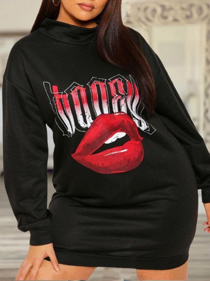 

Graffiti Printed Long Sleeve Shift Dresses, Black, Casual Dresses