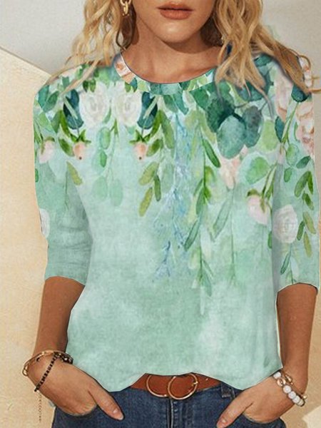 

Vacanza Floreale Misto Cotone Top, Verde, T-Shirts