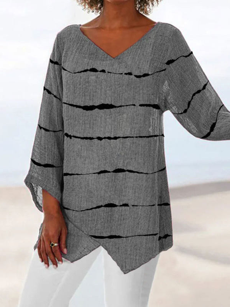 

Scollo a V Maniche Lunghe Colore-block Casuale Top, Grigio, Blouses & Shirts