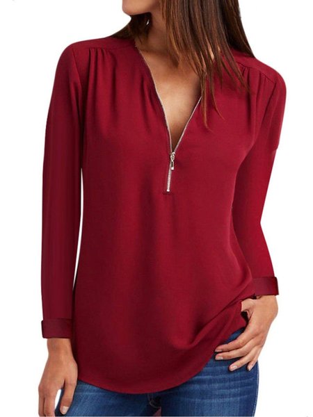 

Donna Casuale Solido Cerniera Maniche Lunghe Scollo a V Camicetta Top, Vino rosso, Blouses & Shirts