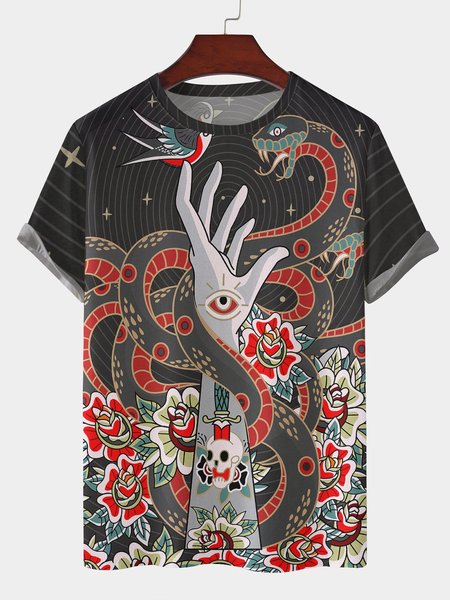 

Print Crew Neck Casual T-Shirts, Black, Men's Floral shirt