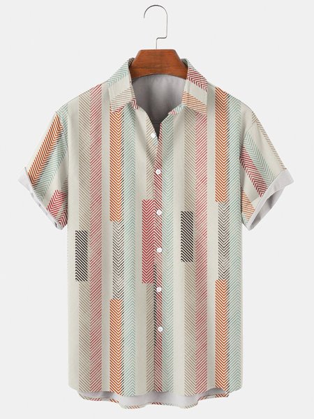

Mens Retro Striped Print Casual Lapel Pocket Short Sleeve Hawaiian Shirts, Red, Men's Floral shirt