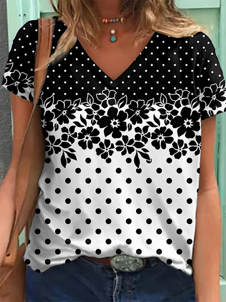 

Scollo a V Stampato Floreale Maniche Corte Casuale Top, Nero, T-Shirts