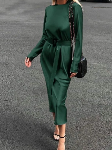 

Fall Spring Long Sleeve Satin Elegant Crew Neck A-Line Dresses, Dark green, Midi Dresses