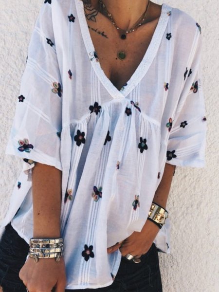 

V Neck Floral-Print 3/4 Sleeve Casual Tops, White, Tops