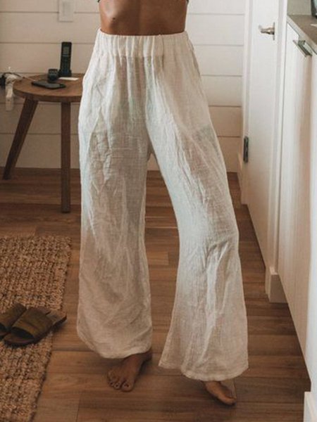 

Casual Basic Wide Leg Cotton Linen Pants, White, Pants