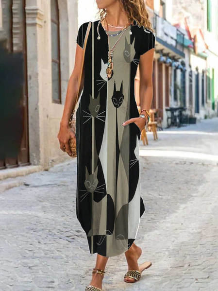 

Cute Cat Print Casual Crew Neck Short Sleeve Dresses, Multicolor, Casual Dresses