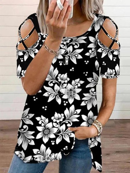 

Stampata Floreale Spalla Nuda Maniche Corte Casuale Camicie & Top, Nero, Blouses & Shirts