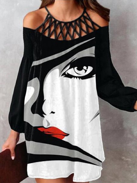 

Abito Casuale Girocollo Stampato Maniche Lunghe, Nero, Midi Dresses