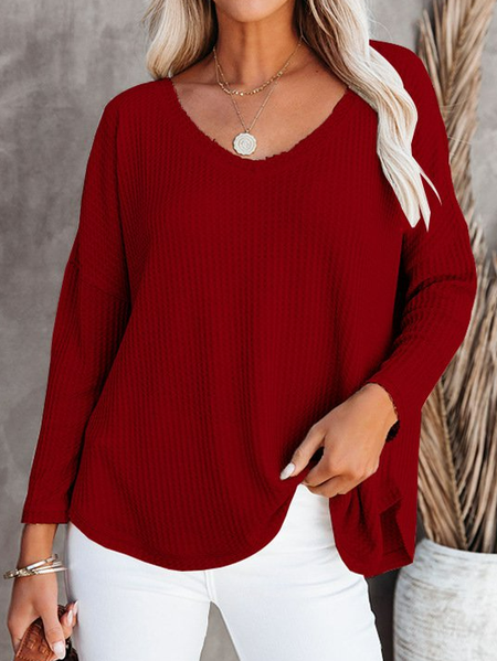 

Solid Shift V Neck Long Sleeve Shirts & Tops, Wine red, Long sleeve tops