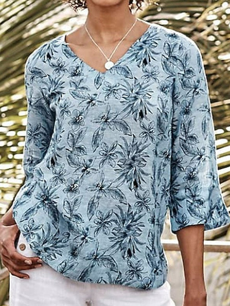 

Plants Shift Casual V Neck Shirts & Tops, Blue, Tees & T-shirts