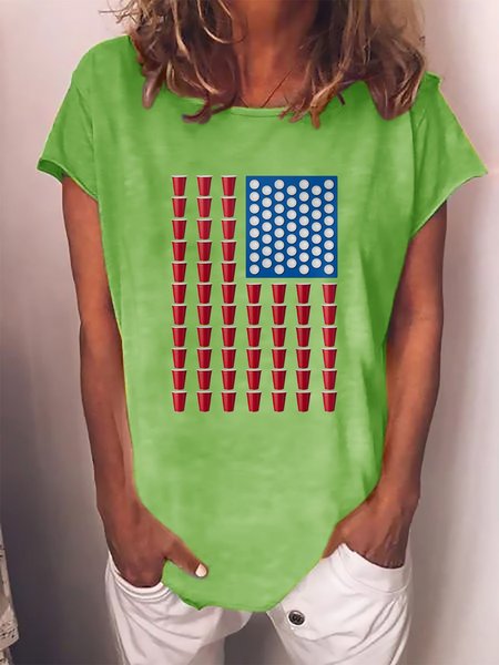 

Beer Pong Drinking Game American Flag Graphic Short Sleeve Tee, Green, T-shirts