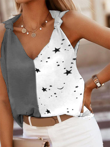 

Scollo a V senza maniche Stampato Casuale gilet, Bianco, Tank Top