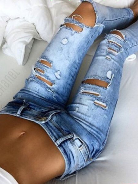 

Vintage Washed Denim Solid Pants, As picture, Pants