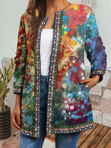 

Crew Neck Abstract Long Sleeve Printed Jackets, As picture, Outerwear