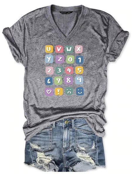 

Letter Short Sleeve Casual Shirts & Tops, Gray, T-shirts