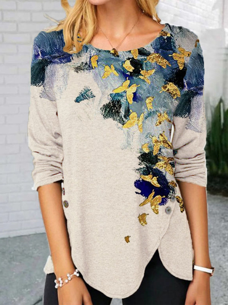 

Butterfly Printed Casual Scoop Neckline Long Sleeve Floral Shirts & Tops, Beige, Long sleeve tops