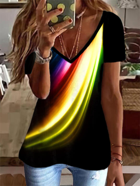 

Printed V Neck Cotton-Blend Casual T-shirt, Black, T-Shirts