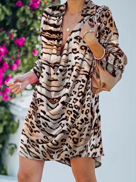

Fall Spring Daily Cowl Neck A-Line Long Sleeve Dresses, Coffee, Mini Dresses