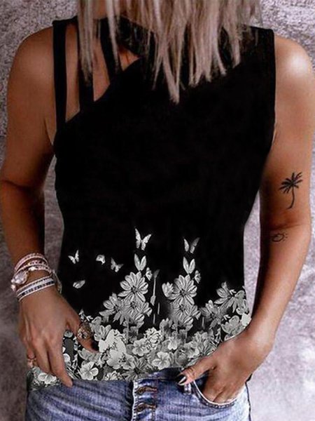 

Sleeveless Cotton Printed T-shirt, Black, Tops